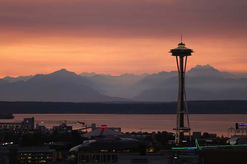 seattle gray tower at golden hour sunset